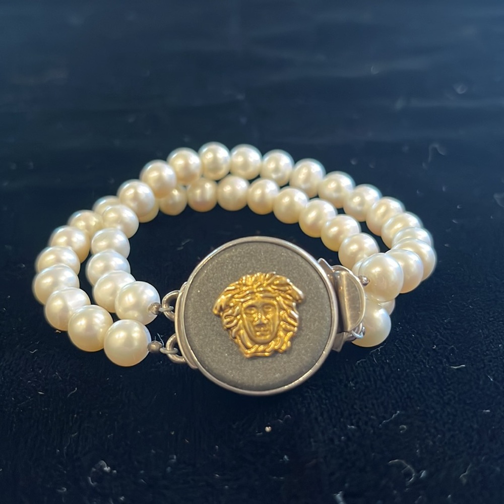 Versace pearl and Medusa silver clasp bracelet